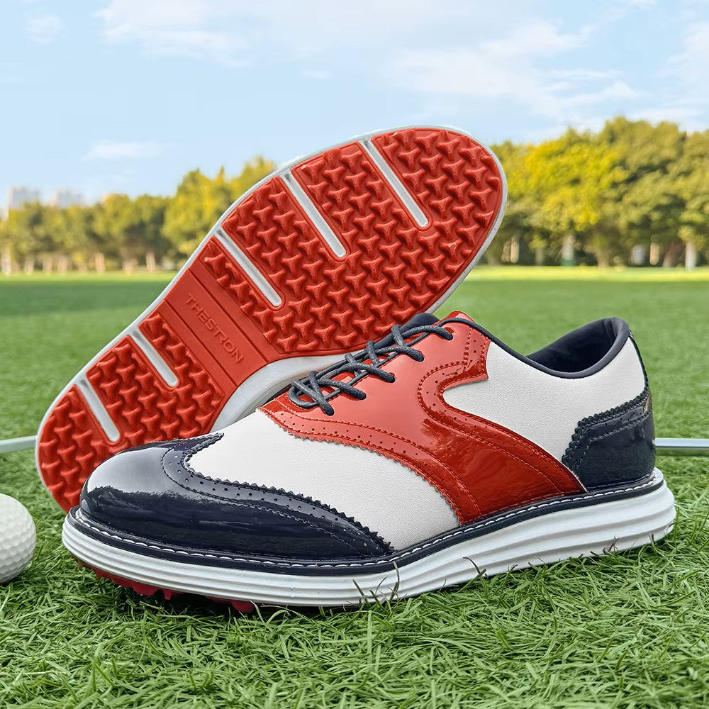 Red, white and blue spikeless shoes